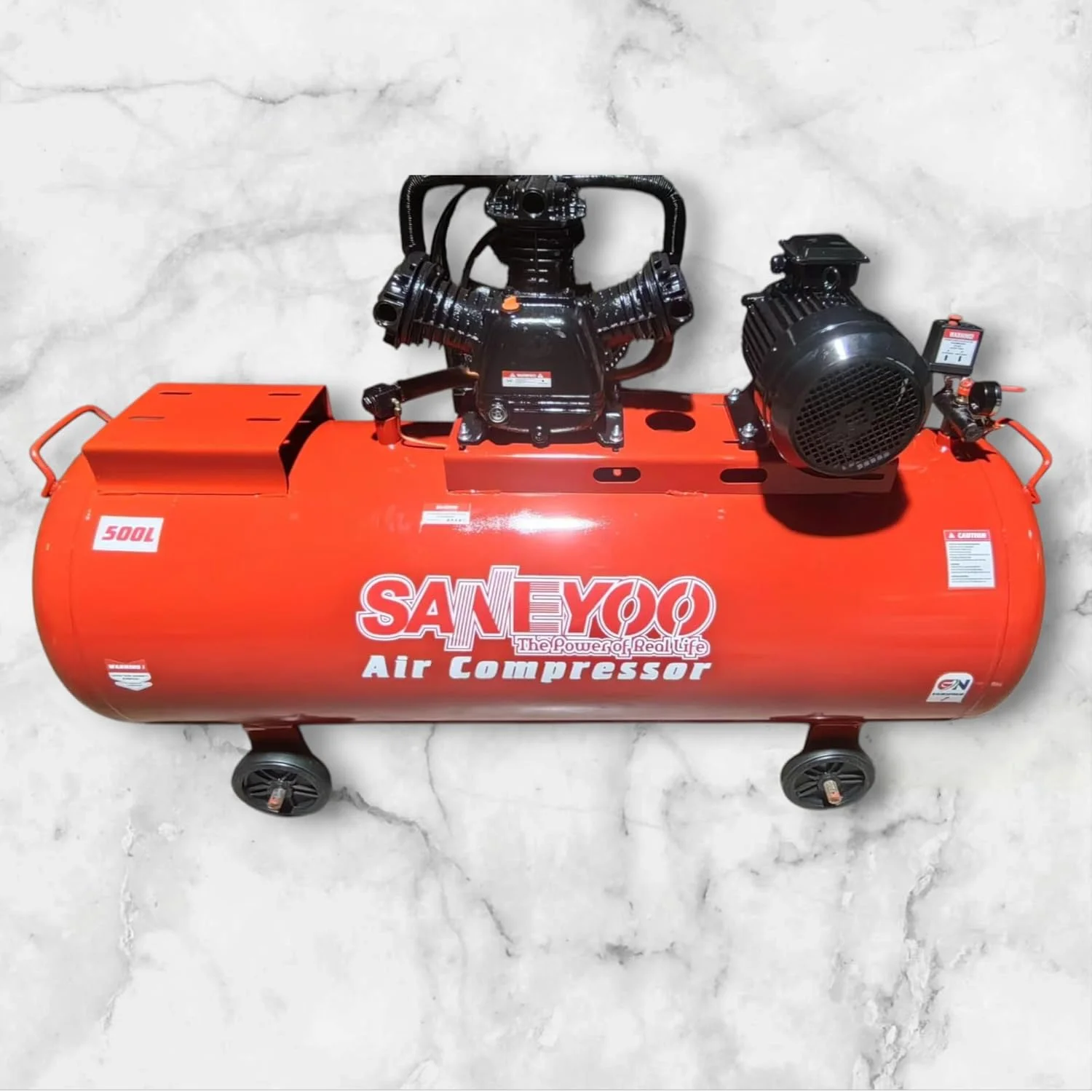کمپرسور هوای صنعتی 500 لیتری Saneyoo، موتور الکتریکی سنگین، قابل حمل با چرخ، قرمز