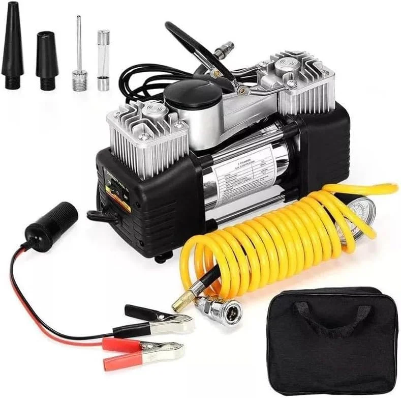 کمپرسور هوای دو سیلندر پیشرفته - پمپ باد قابل حمل و سنگین با باد کردن سریع، فشارسنج، چراغ LED و کیت چند نازله برای ماشین، موتور سیکلت و دوچرخه کمپرسور هوای دو سیلندر پیشرفته - پمپ باد قابل حمل و سنگین با باد کردن سریع، فشارسنج، چراغ LED و کیت چند نازله برای ماشین، موتور سیکلت و دوچرخه