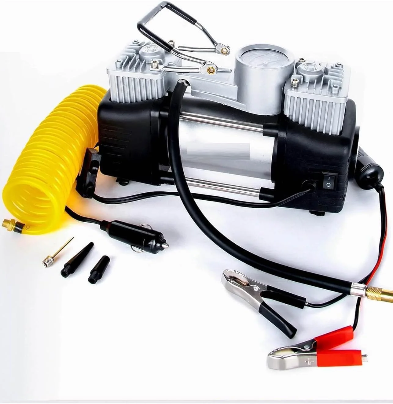 کمپرسور هوای دو سیلندر پیشرفته - پمپ باد قابل حمل و سنگین با باد کردن سریع، فشارسنج، چراغ LED و کیت چند نازله برای ماشین، موتور سیکلت و دوچرخه کمپرسور هوای دو سیلندر پیشرفته - پمپ باد قابل حمل و سنگین با باد کردن سریع، فشارسنج، چراغ LED و کیت چند نازله برای ماشین، موتور سیکلت و دوچرخه
