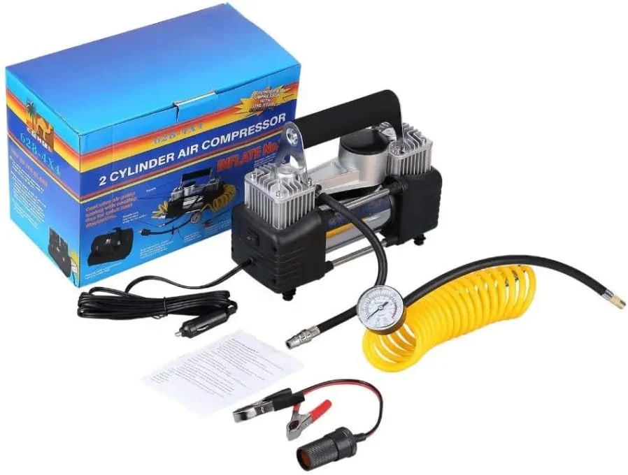 کمپرسور هوای قابل حمل 2 سیلندر، 12 ولت DC با فشارسنج، شلنگ فنری و گیره های باتری