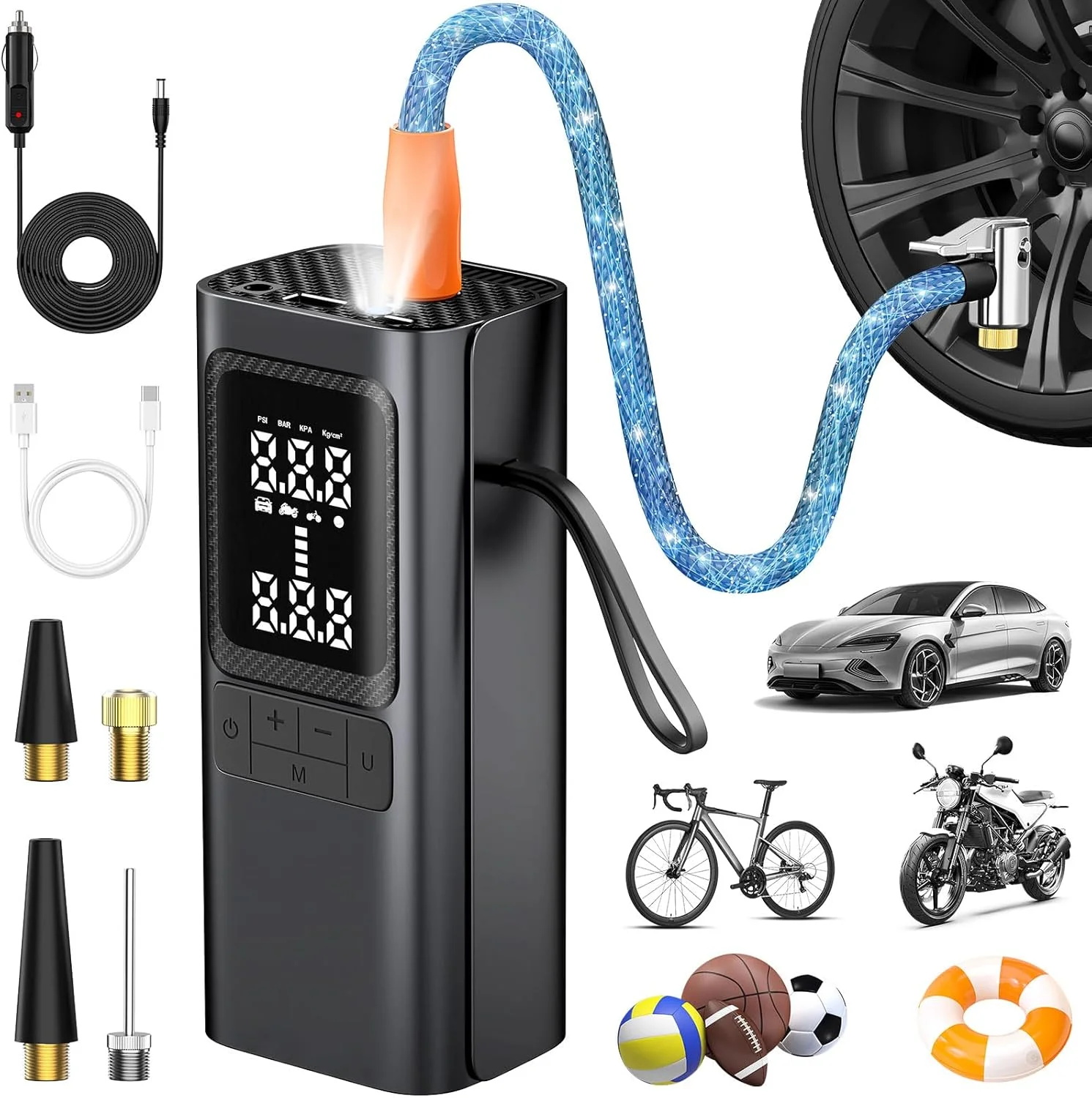 پمپ باد قابل حمل یونیویت، کمپرسور هوا 6000 میلی آمپر ساعتی و 150 PSI با نمایشگر دیجیتال برای خودرو، توپ، موتورسیکلت، دوچرخه