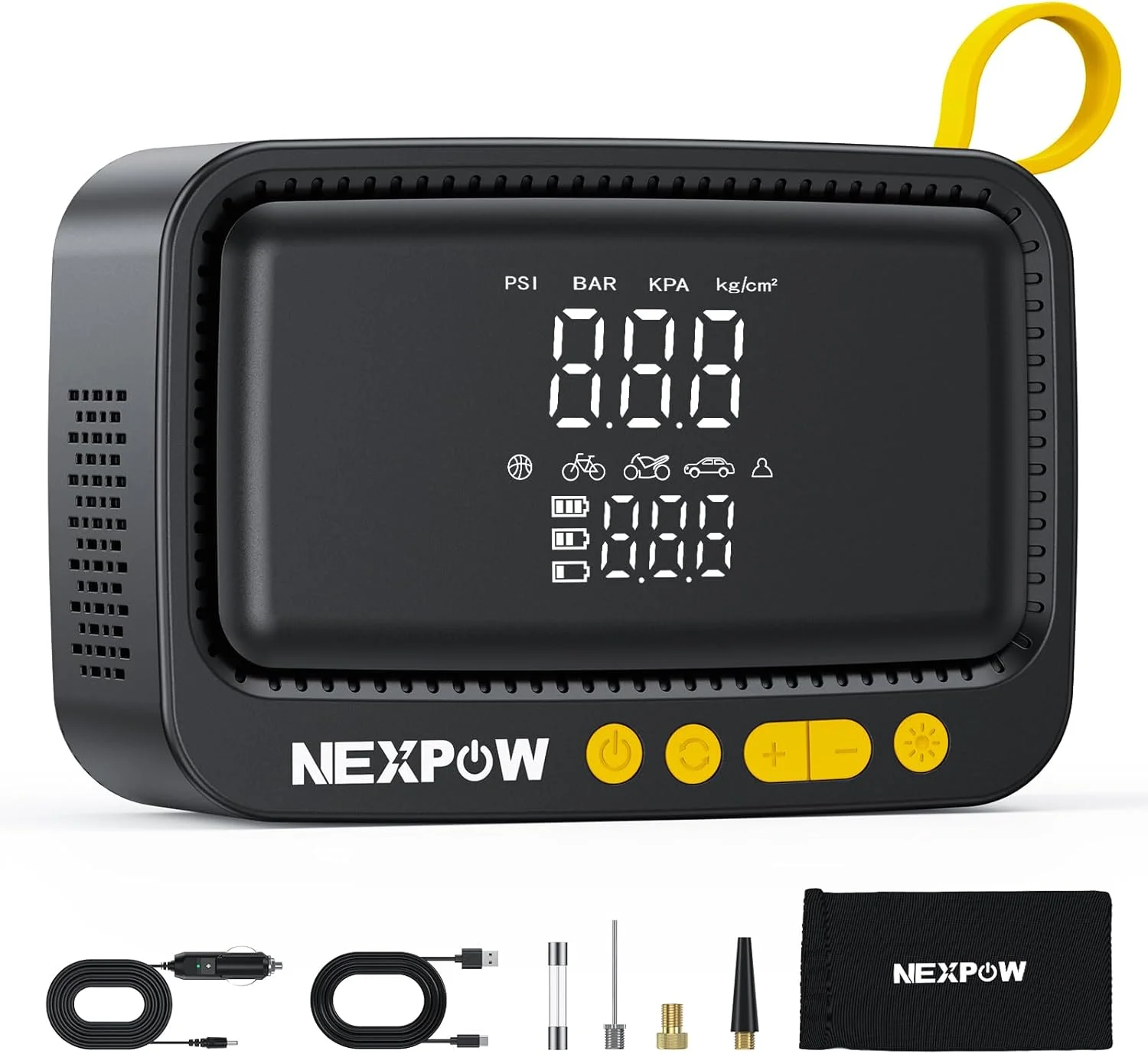 کمپرسور هوای قابل حمل NEXPOW، پمپ باد 150 PSI بدون سیم برای لاستیک خودرو با فشارسنج دیجیتال و خاموش شدن خودکار، کمپرسور هوای قابل حمل برای خودرو، موتورسیکلت، دوچرخه، توپ، زرد