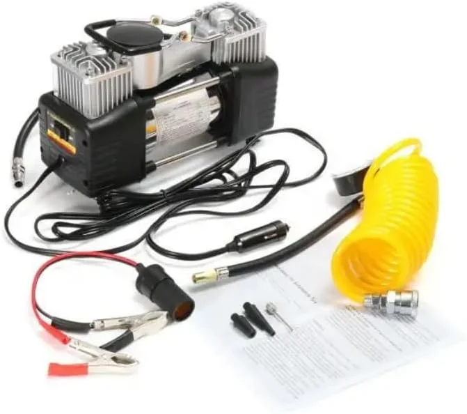 کمپرسور هوای قابل حمل 2 سیلندر، 12 ولت DC با فشارسنج، شلنگ فنری و گیره های باتری
