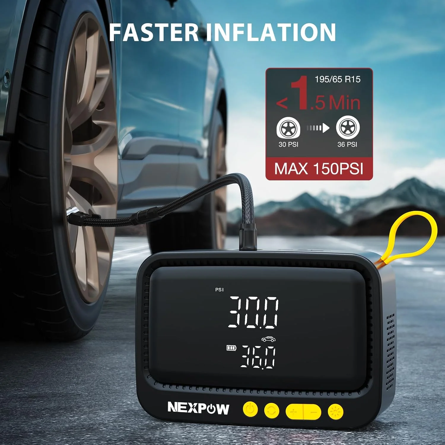 کمپرسور هوای قابل حمل NEXPOW، پمپ باد 150 PSI بدون سیم برای لاستیک خودرو با فشارسنج دیجیتال و خاموش شدن خودکار، کمپرسور هوای قابل حمل برای خودرو، موتورسیکلت، دوچرخه، توپ، زرد