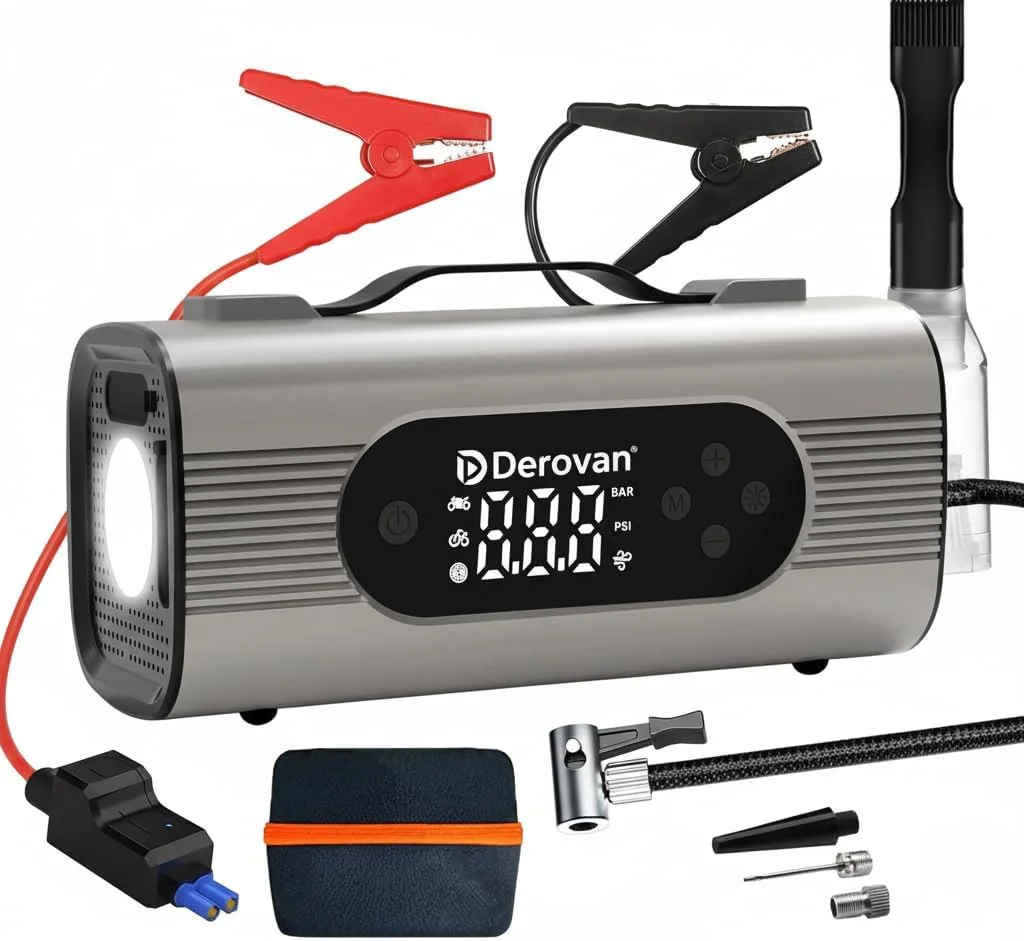 پمپ باد قابل حمل 12 ولت - کمپرسور فلزی سنگین، دو سیلندر، 150 PSI، نرخ جریان ~70 لیتر در دقیقه، با چراغ LED، خاموش شدن خودکار و لوازم جانبی برای اتومبیل، SUV و دوچرخه