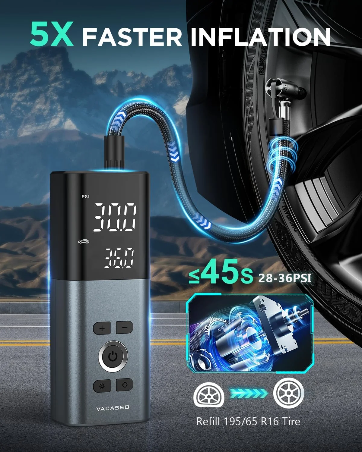 پمپ باد قابل حمل، کمپرسور هوا 150PSI برای لاستیک خودرو با درجه فشار دقیق، کمپرسور هوای بی سیم 20000mAh برای خودرو، موتورسیکلت، دوچرخه، توپ و غیره، توقف خودکار هوشمند