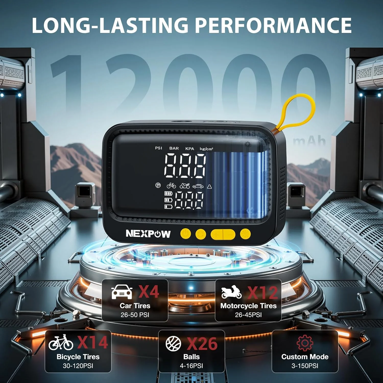 کمپرسور هوای قابل حمل NEXPOW، پمپ باد 150 PSI بدون سیم برای لاستیک خودرو با فشارسنج دیجیتال و خاموش شدن خودکار، کمپرسور هوای قابل حمل برای خودرو، موتورسیکلت، دوچرخه، توپ، زرد