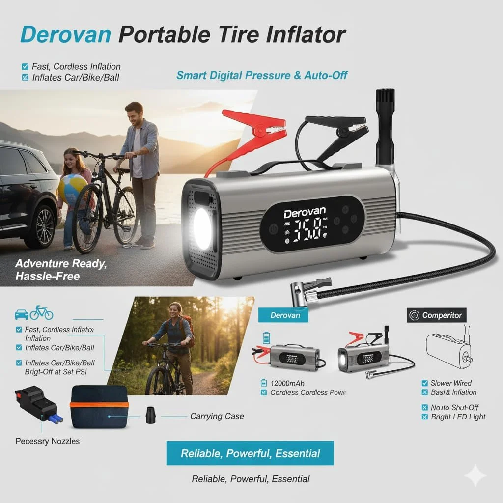 پمپ باد قابل حمل 12 ولت - کمپرسور فلزی سنگین، دو سیلندر، 150 PSI، نرخ جریان ~70 لیتر در دقیقه، با چراغ LED، خاموش شدن خودکار و لوازم جانبی برای اتومبیل، SUV و دوچرخه پمپ باد قابل حمل 12 ولت - کمپرسور فلزی سنگین، دو سیلندر، 150 PSI، نرخ جریان ~70 لیتر در دقیقه، با چراغ LED، خاموش شدن خودکار و لوازم جانبی برای اتومبیل، SUV و دوچرخه