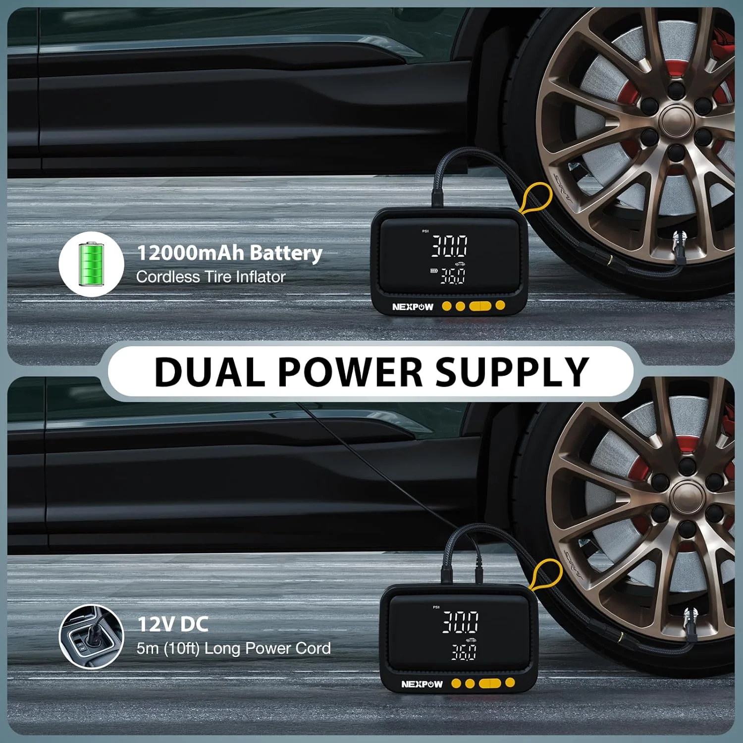 کمپرسور هوای قابل حمل NEXPOW، پمپ باد 150 PSI بدون سیم برای لاستیک خودرو با فشارسنج دیجیتال و خاموش شدن خودکار، کمپرسور هوای قابل حمل برای خودرو، موتورسیکلت، دوچرخه، توپ، زرد