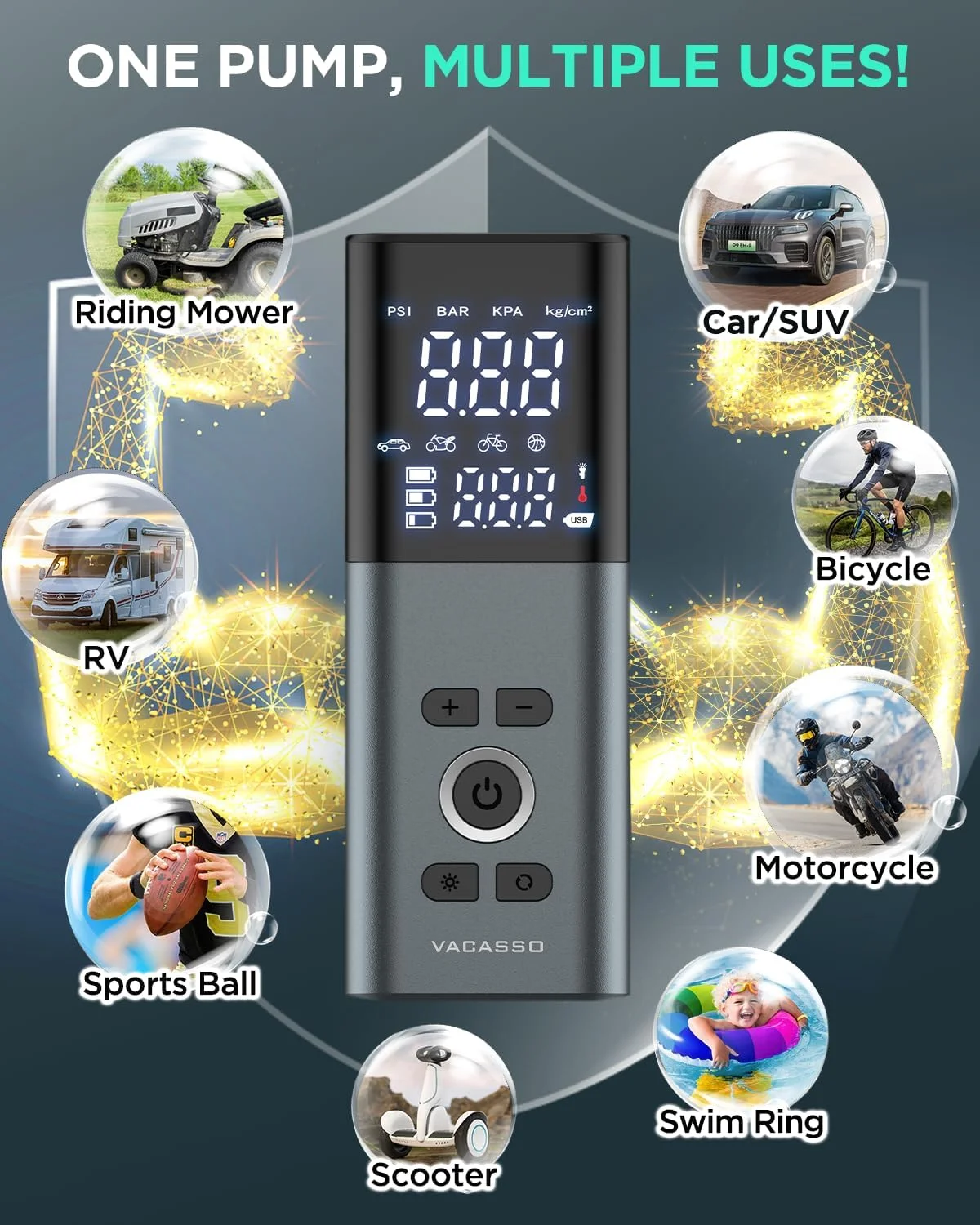 پمپ باد قابل حمل، کمپرسور هوا 150PSI برای لاستیک خودرو با درجه فشار دقیق، کمپرسور هوای بی سیم 20000mAh برای خودرو، موتورسیکلت، دوچرخه، توپ و غیره، توقف خودکار هوشمند