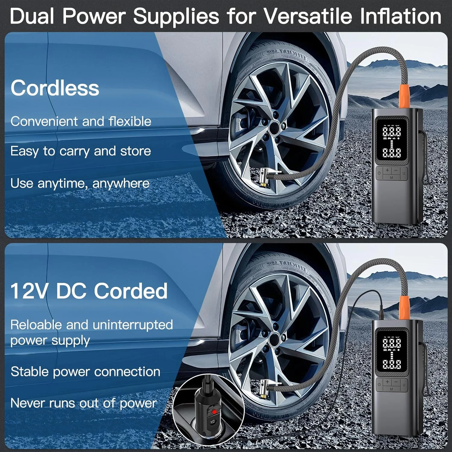 پمپ باد قابل حمل یونیویت، کمپرسور هوا 6000 میلی آمپر ساعتی و 150 PSI با نمایشگر دیجیتال برای خودرو، توپ، موتورسیکلت، دوچرخه