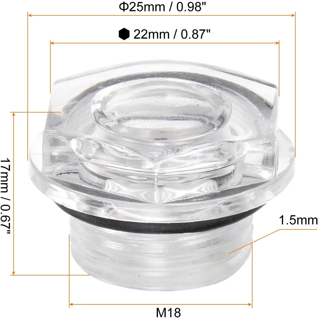 sourcing map 2 عدد شیشه روغن کمپرسور هوا M18 x 1.5mm گیج سطح مایع نر، نشانگر روغن سر شش گوش پلاستیکی با حلقه O برای اتصالات کمپرسور هوا، جعبه دنده، مخازن، شفاف