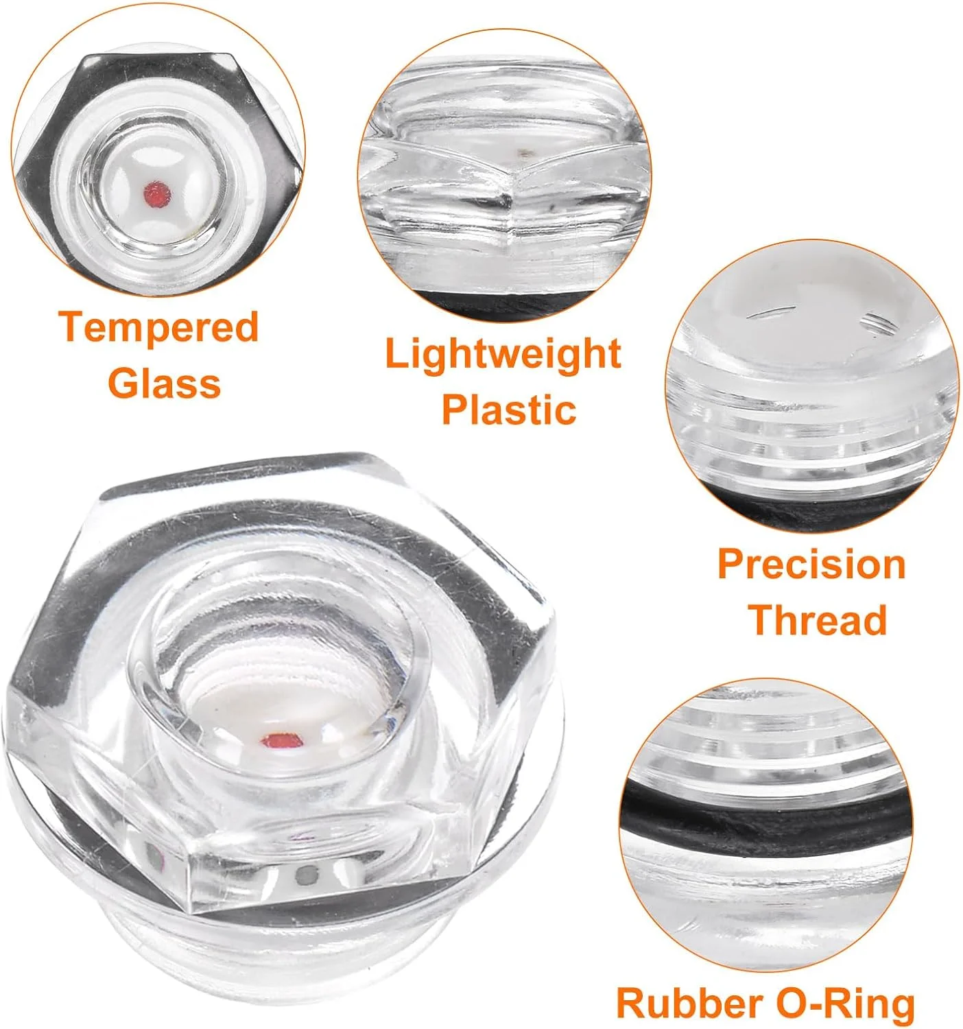 sourcing map 2 عدد شیشه روغن کمپرسور هوا M18 x 1.5mm گیج سطح مایع نر، نشانگر روغن سر شش گوش پلاستیکی با حلقه O برای اتصالات کمپرسور هوا، جعبه دنده، مخازن، شفاف