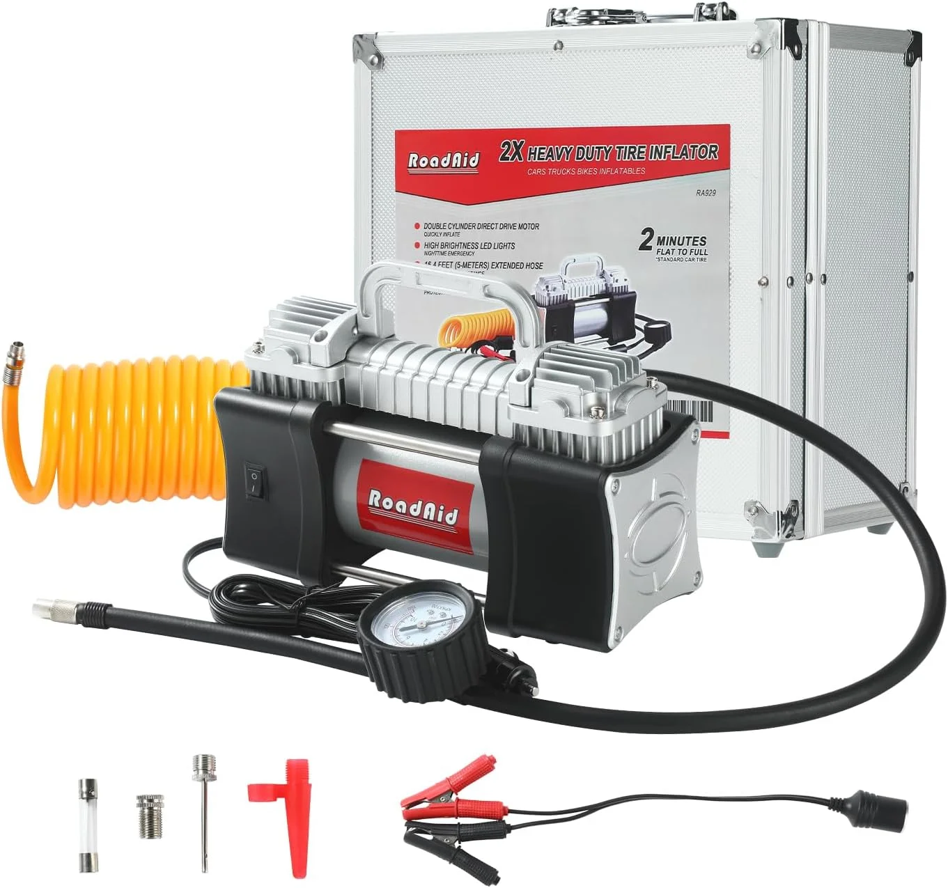 پمپ باد 12 ولت، کمپرسور هوای قابل حمل، پمپ دو سیلندر 150PSI، جعبه آلومینیومی لوکس، گیره باتری، شلنگ 5 متری، پمپ فلزی برای خودرو، شاسی بلند، موتور سیکلت، دوچرخه