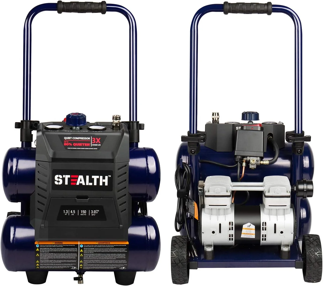 کمپرسور هوای فوق العاده بی صدا، 64 دسی بل، 4.5 گالن، حداکثر 1.3 اسب بخار، حداکثر 150 PSI، پمپ هوای بدون روغن، 3 CFM @ 90 PSI کمپرسور هوای قابل حمل با چرخ برای گاراژ، کارگاه، محل کار SAQ-1413