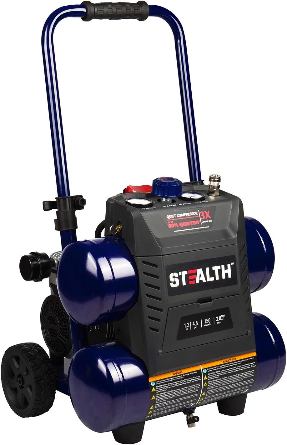 کمپرسور هوای فوق العاده بی صدا، 64 دسی بل، 4.5 گالن، حداکثر 1.3 اسب بخار، حداکثر 150 PSI، پمپ هوای بدون روغن، 3 CFM @ 90 PSI کمپرسور هوای قابل حمل با چرخ برای گاراژ، کارگاه، محل کار SAQ-1413