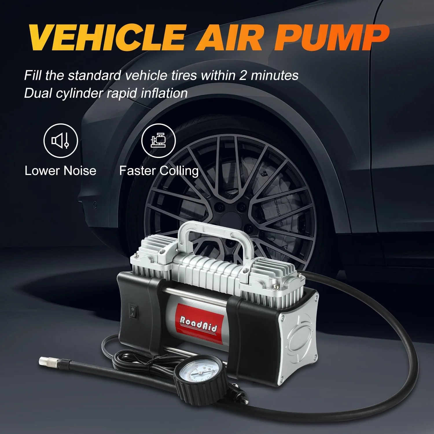 پمپ باد 12 ولت، کمپرسور هوای قابل حمل، پمپ دو سیلندر 150PSI، جعبه آلومینیومی لوکس، گیره باتری، شلنگ 5 متری، پمپ فلزی برای خودرو، شاسی بلند، موتور سیکلت، دوچرخه