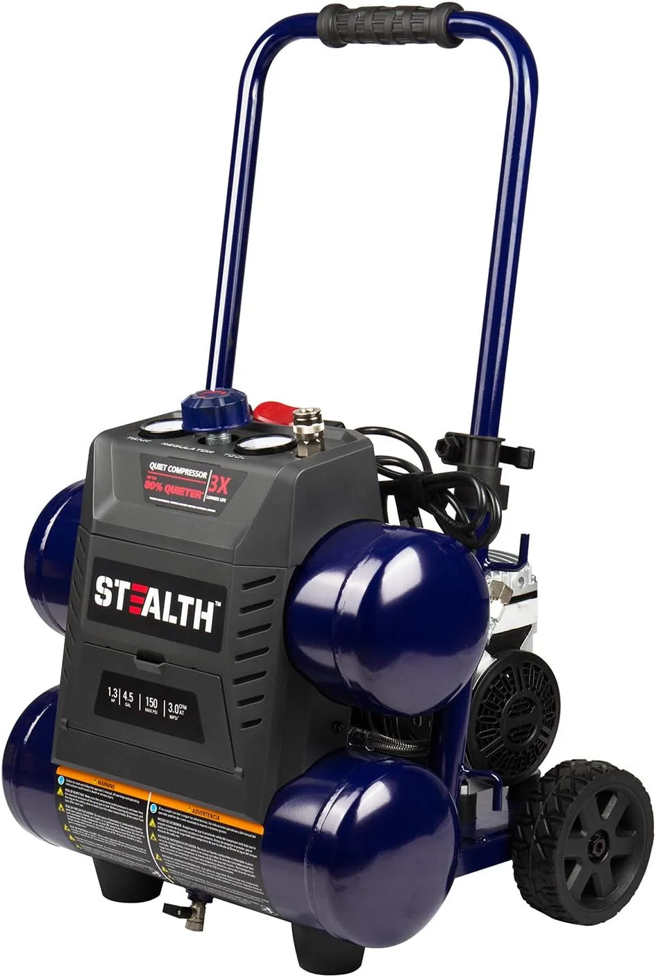 کمپرسور هوای فوق العاده بی صدا، 64 دسی بل، 4.5 گالن، حداکثر 1.3 اسب بخار، حداکثر 150 PSI، پمپ هوای بدون روغن، 3 CFM @ 90 PSI کمپرسور هوای قابل حمل با چرخ برای گاراژ، کارگاه، محل کار SAQ-1413