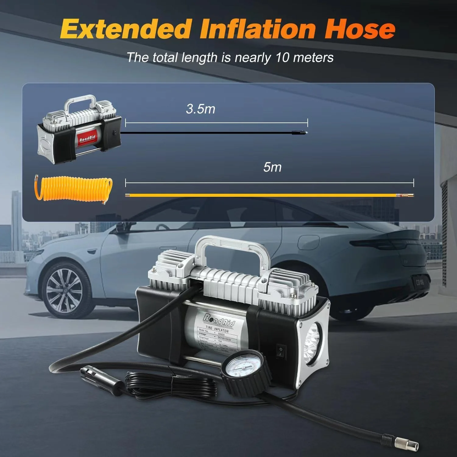 پمپ باد 12 ولت، کمپرسور هوای قابل حمل، پمپ دو سیلندر 150PSI، جعبه آلومینیومی لوکس، گیره باتری، شلنگ 5 متری، پمپ فلزی برای خودرو، شاسی بلند، موتور سیکلت، دوچرخه