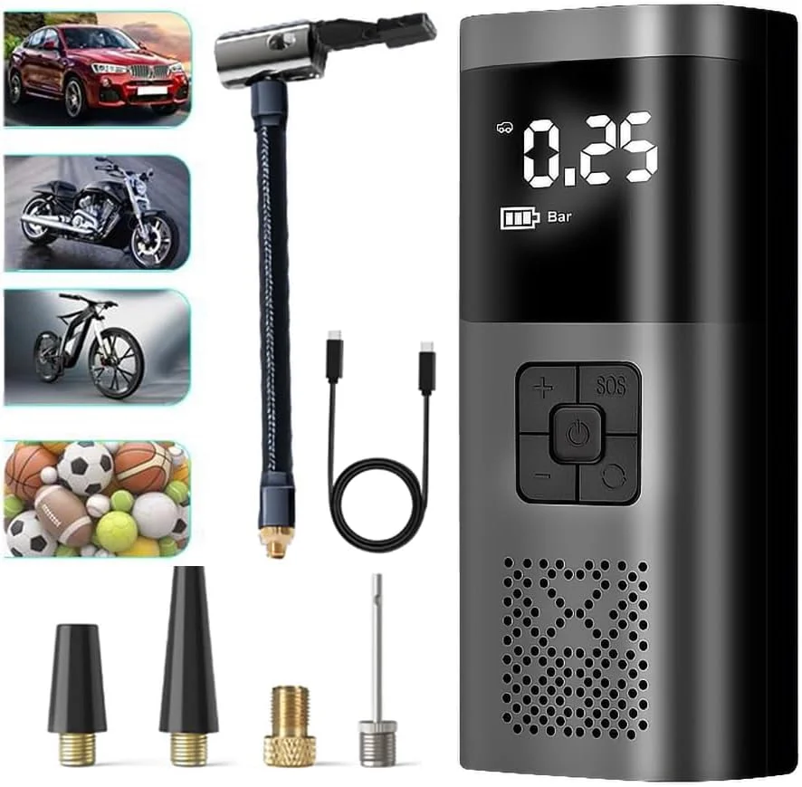 پمپ باد قابل حمل، کمپرسور هوا، باد کننده تایر، دو حالت بادی بی سیم و فندکی، 150PSI، صفحه نمایش LCD، مناسب برای ماشین، دوچرخه، توپ، موتور سیکلت