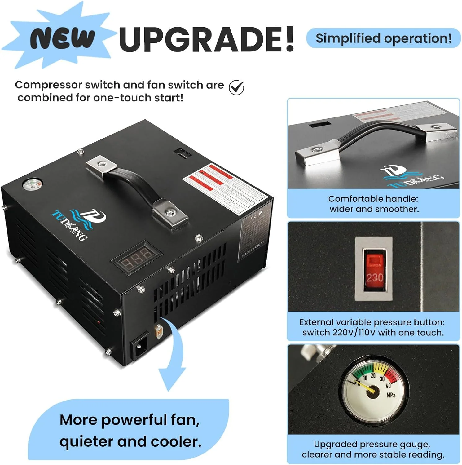 کمپرسور هوای قابل حمل PCP | 12 ولت DC/110 ولت AC | باد کردن سریع | فن داخلی | بدون روغن و آب | سبک وزن | حمل آسان | برای پینت بال/تفنگ بادی/مخزن غواصی (TXES061) کمپرسور هوای قابل حمل PCP | 12 ولت DC/110 ولت AC | باد کردن سریع | فن داخلی | بدون روغن و آب | سبک وزن | حمل آسان | برای پینت بال/تفنگ بادی/مخزن غواصی (TXES061)