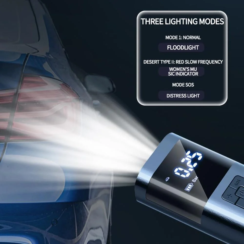 پمپ باد قابل حمل، کمپرسور هوا، باد کننده تایر، دو حالت بادی بی سیم و فندکی، 150PSI، صفحه نمایش LCD، مناسب برای ماشین، دوچرخه، توپ، موتور سیکلت