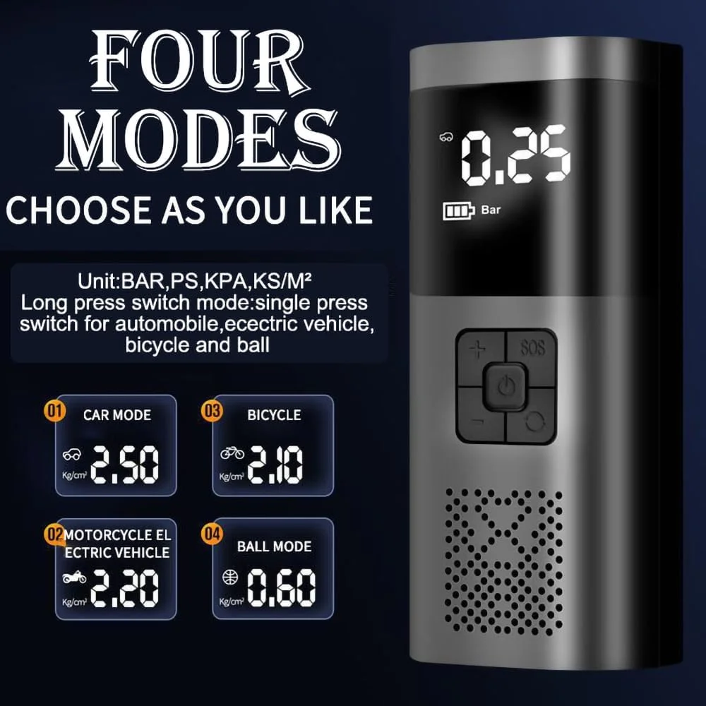 پمپ باد قابل حمل، کمپرسور هوا، باد کننده تایر، دو حالت بادی بی سیم و فندکی، 150PSI، صفحه نمایش LCD، مناسب برای ماشین، دوچرخه، توپ، موتور سیکلت
