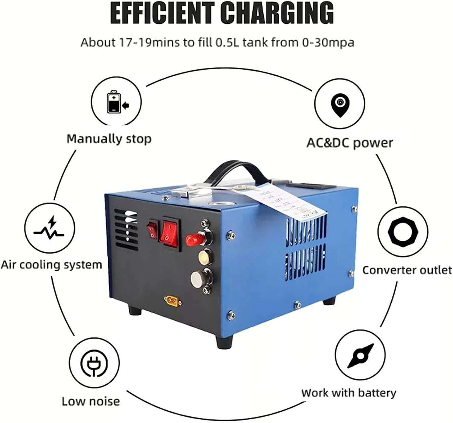 کمپرسور هوای قابل حمل ۴۵۰۰Psi/30Mpa PCP جُسبی، با سیستم خنک کننده فن، فشار قوی بدون آب/روغن برای تفنگ/تپانچه PCP و پمپ هوای تانک پینت بال، ۲۲۰v-۱۱۰v-۱۲v