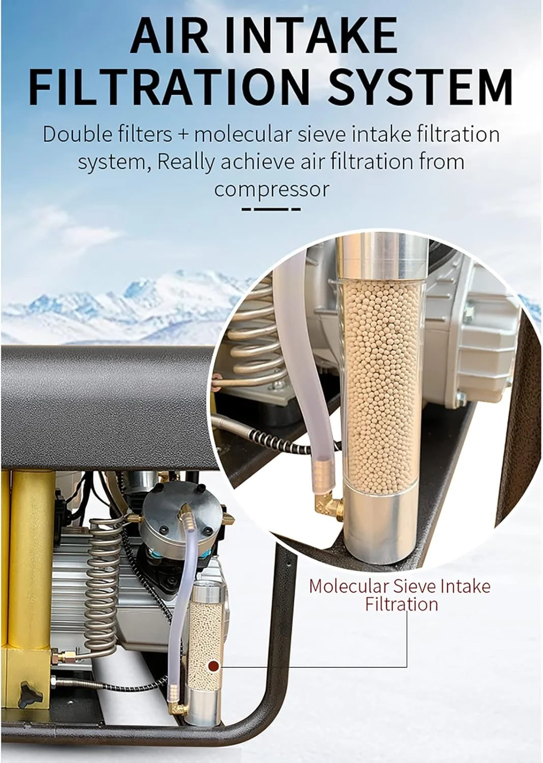 کمپرسور هوا 4500 PSI، پمپ برقی فشار قوی 30 مگاپاسکال، سیستم خنک کننده داخلی آب و فن، فیلتر دو مرحله ای، توقف خودکار، برای تفنگ پینت بال، مخزن غواصی