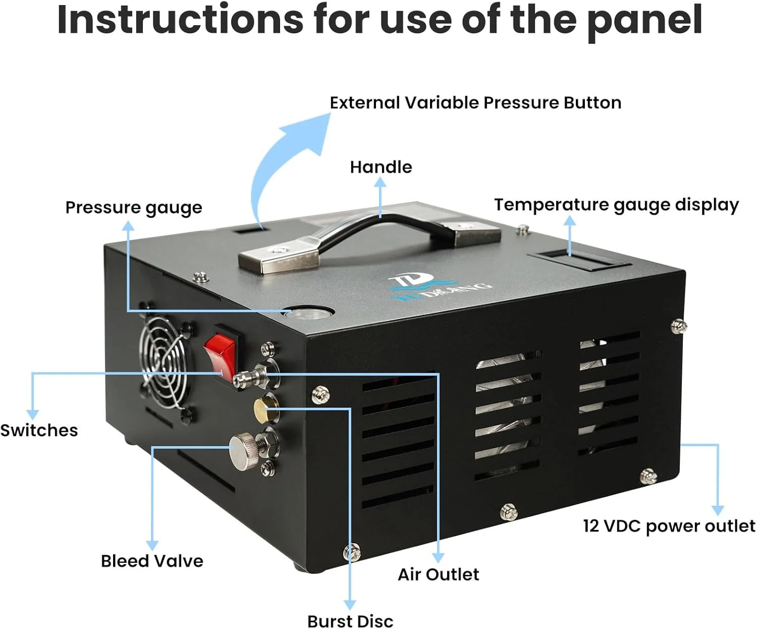 کمپرسور هوای قابل حمل PCP | 12 ولت DC/110 ولت AC | باد کردن سریع | فن داخلی | بدون روغن و آب | سبک وزن | حمل آسان | برای پینت بال/تفنگ بادی/مخزن غواصی (TXES061) کمپرسور هوای قابل حمل PCP | 12 ولت DC/110 ولت AC | باد کردن سریع | فن داخلی | بدون روغن و آب | سبک وزن | حمل آسان | برای پینت بال/تفنگ بادی/مخزن غواصی (TXES061)