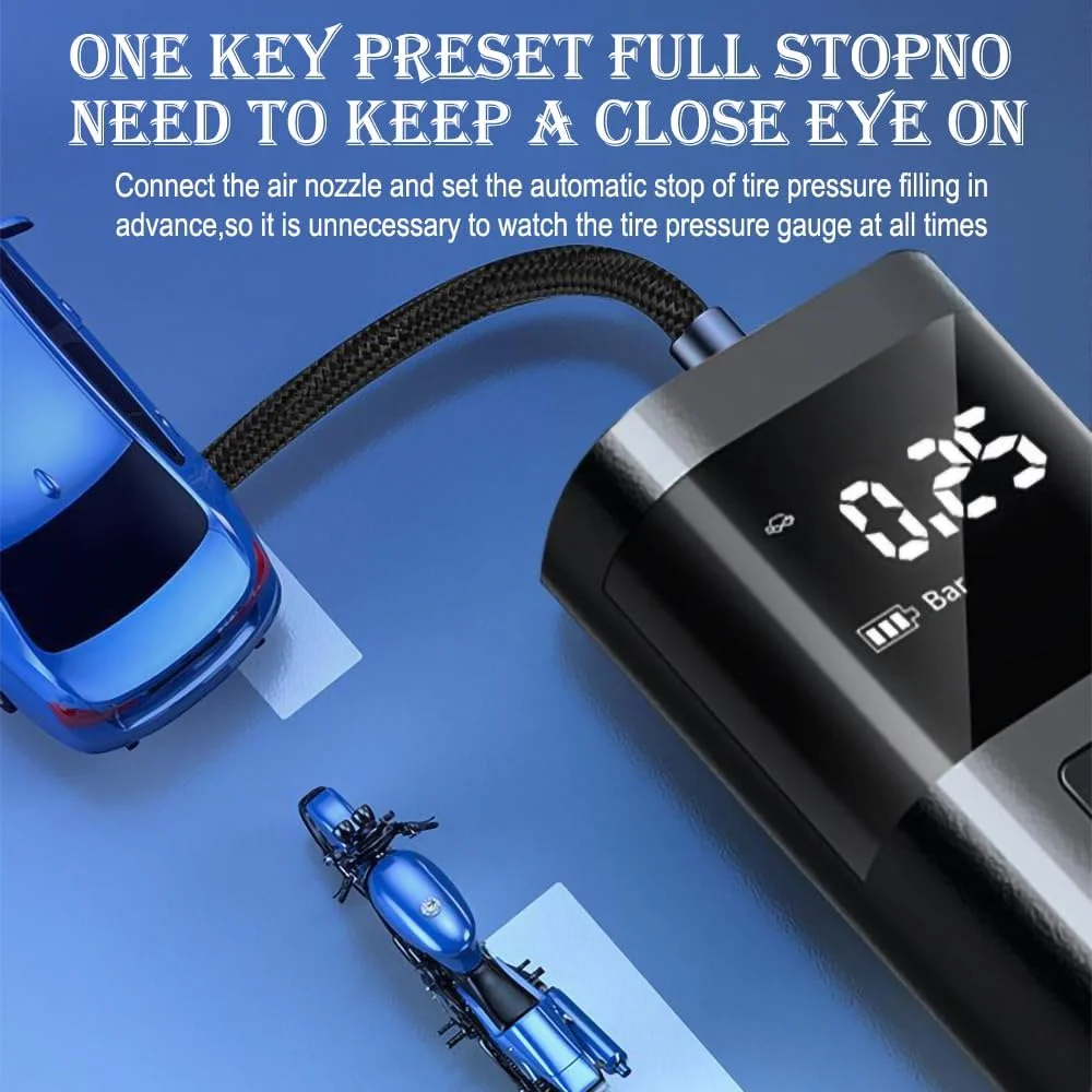 پمپ باد قابل حمل، کمپرسور هوا، باد کننده تایر، دو حالت بادی بی سیم و فندکی، 150PSI، صفحه نمایش LCD، مناسب برای ماشین، دوچرخه، توپ، موتور سیکلت