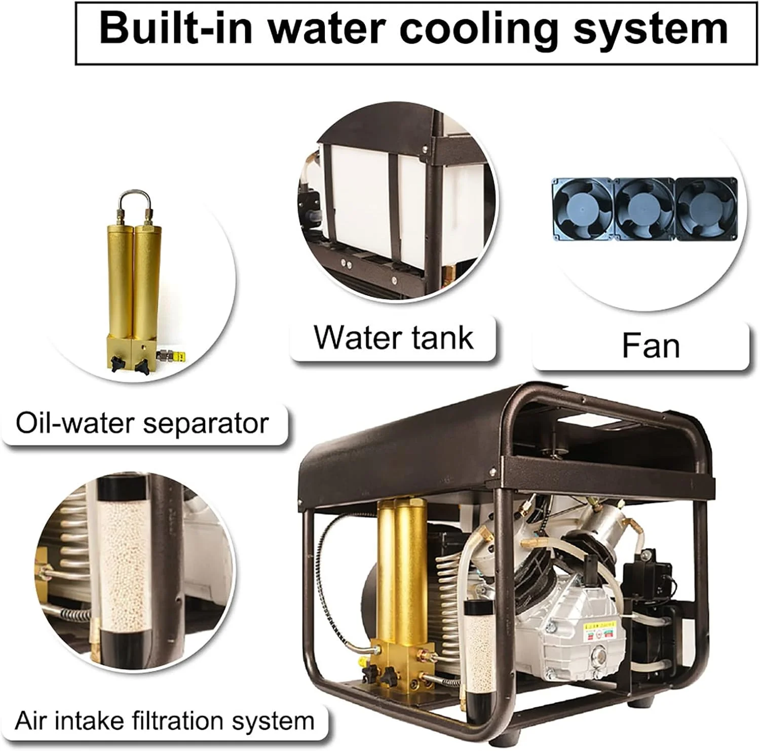 کمپرسور هوا 4500 PSI، پمپ برقی فشار قوی 30 مگاپاسکال، سیستم خنک کننده داخلی آب و فن، فیلتر دو مرحله ای، توقف خودکار، برای تفنگ پینت بال، مخزن غواصی
