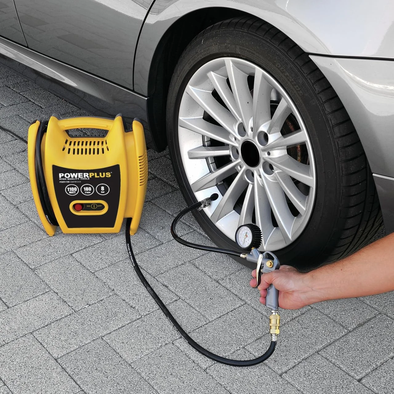 کمپرسور پاورپلاس POWX1705 1100 وات + 5 عدد بدون روغن زرد کمپرسور پاورپلاس POWX1705 1100 وات + 5 عدد بدون روغن زرد