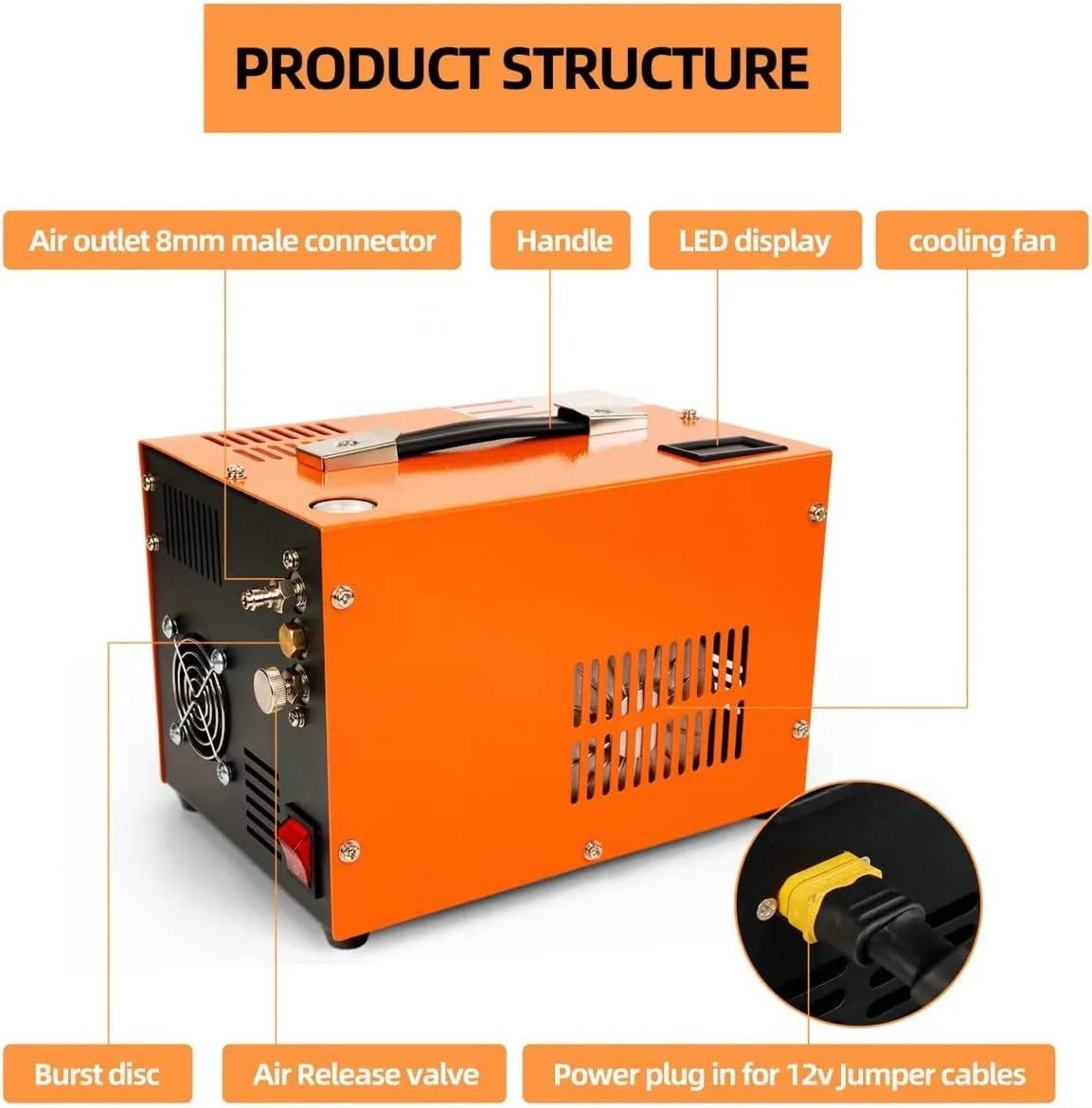 کمپرسور هوای PCP، پمپ تفنگ بادی فشار قوی 30 مگاپاسکال 4500Psi با توقف خودکار، پمپ کمپرسور PCP بدون روغن/آب با مبدل برق داخلی، DC 12V