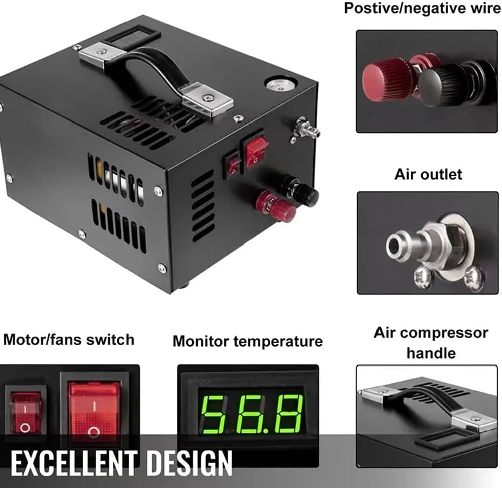 کمپرسور هوای فشار قوی برقی ایرووامی 4500PSI با بارومتر، پمپ کمپرسور هوای قابل حمل اتوماتیک با خاموشی خودکار به همراه ترانسفورماتور