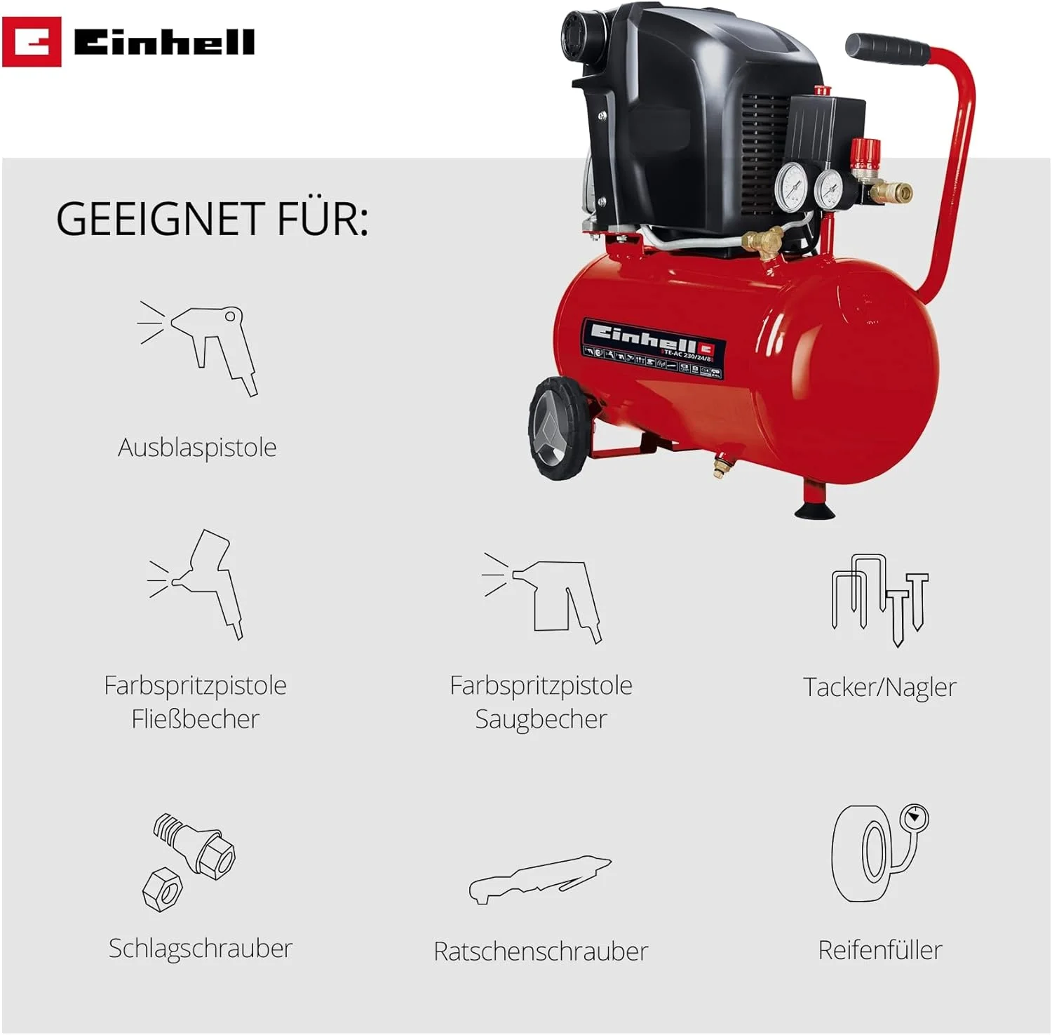 کمپرسور هوای روغنی 24 لیتری اینهل - 8 بار، 116 PSI، 132 لیتر در دقیقه، 240 ولت، 1500 وات موتور با عمر طولانی، کاهنده فشار، شیر اطمینان - TE-AC 230/24/8 پمپ هوای فشرده برای کارگاه ها