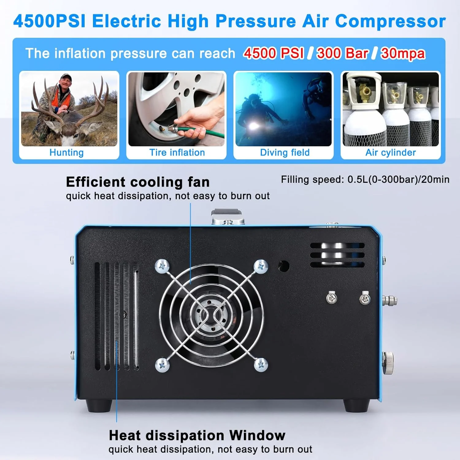 کمپرسور هوای برقی فشار قوی 4500PSI با بارومتر، قابل حمل، خاموشی خودکار، کمپرسور هوای بیرونی با صفحه نمایش دیجیتال LCD و نمایش دما