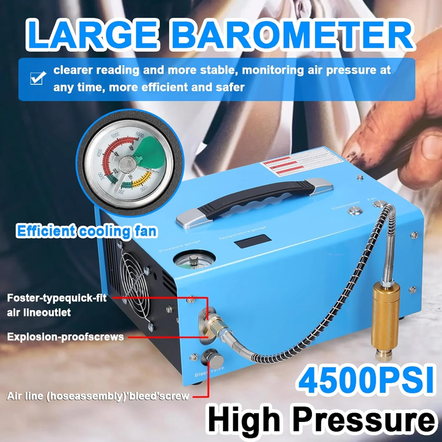 کمپرسور هوای برقی فشار قوی 4500PSI با بارومتر، قابل حمل، خاموشی خودکار، کمپرسور هوای بیرونی با صفحه نمایش دیجیتال LCD و نمایش دما