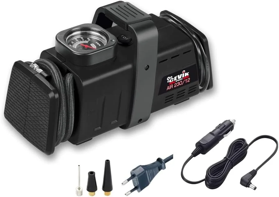 کمپرسور هوای قابل حمل خودرو CEVIK PRO CA-AIR230/12 فندکی 12 ولت، استفاده خانگی 230 ولت، حداکثر فشار 7 بار، جریان هوا 180 لیتر در دقیقه برای باد کردن لاستیک ها و سایر موارد
