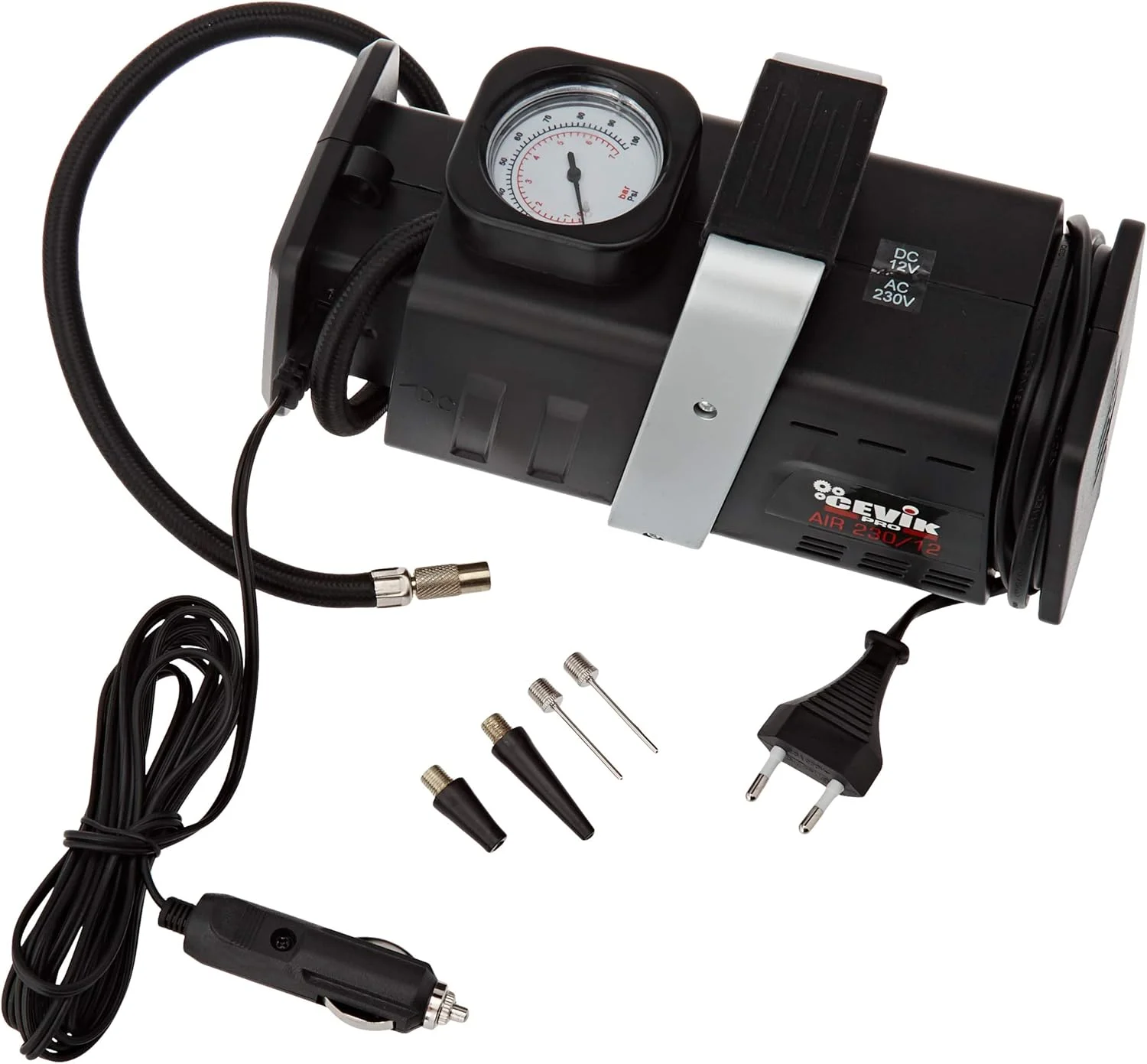 کمپرسور هوای قابل حمل خودرو CEVIK PRO CA-AIR230/12 فندکی 12 ولت، استفاده خانگی 230 ولت، حداکثر فشار 7 بار، جریان هوا 180 لیتر در دقیقه برای باد کردن لاستیک ها و سایر موارد