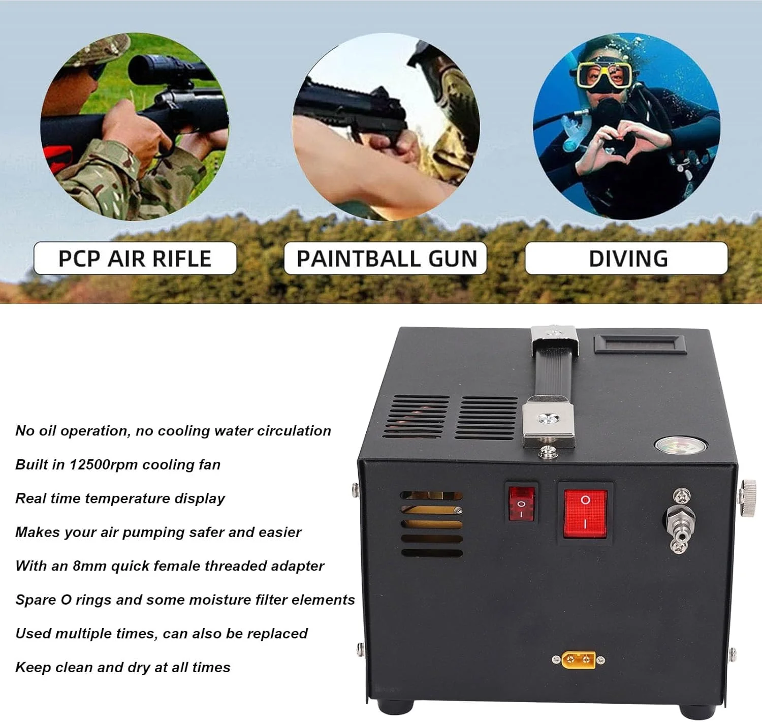 کمپرسور هوا Jiawu، کمپرسور HPA قابل حمل 4500Psi/30Mpa، پمپ کمپرسور برای تفنگ بادی، پینت بال، بطری غواصی، بدون نیاز به آب/روغن، خنک کننده فن