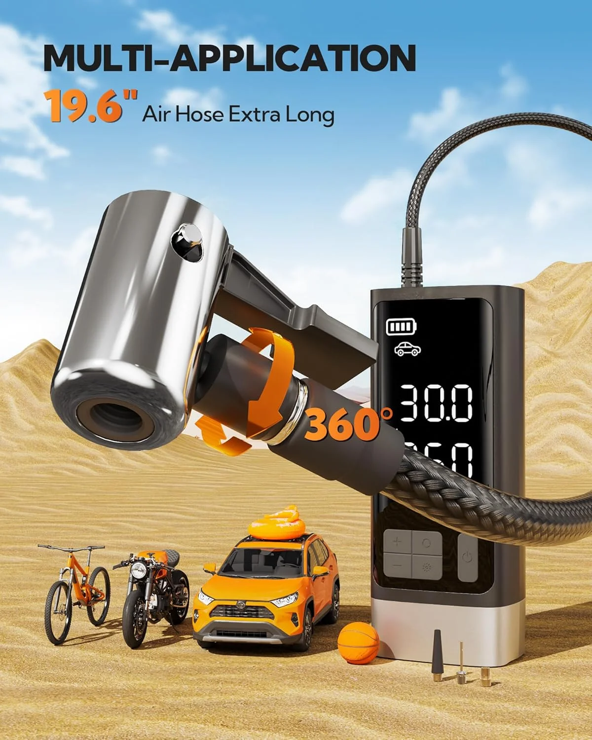 کمپرسور هوای قابل حمل 150 PSI، پمپ هوای موتور دو سیلندر چند منظوره با 2500 میلی آمپر ساعت، کیت اضطراری برای وسایل نقلیه بزرگ، وانت، موتور. با نور LED و توقف اتوماتیک