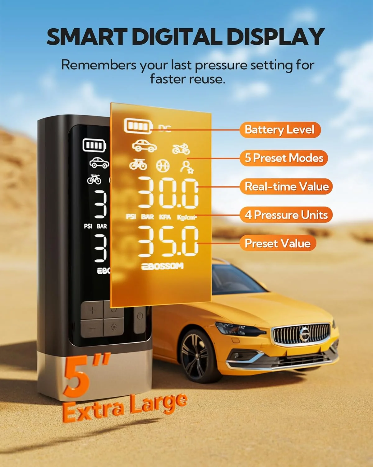 کمپرسور هوای قابل حمل 150 PSI، پمپ هوای موتور دو سیلندر چند منظوره با 2500 میلی آمپر ساعت، کیت اضطراری برای وسایل نقلیه بزرگ، وانت، موتور. با نور LED و توقف اتوماتیک