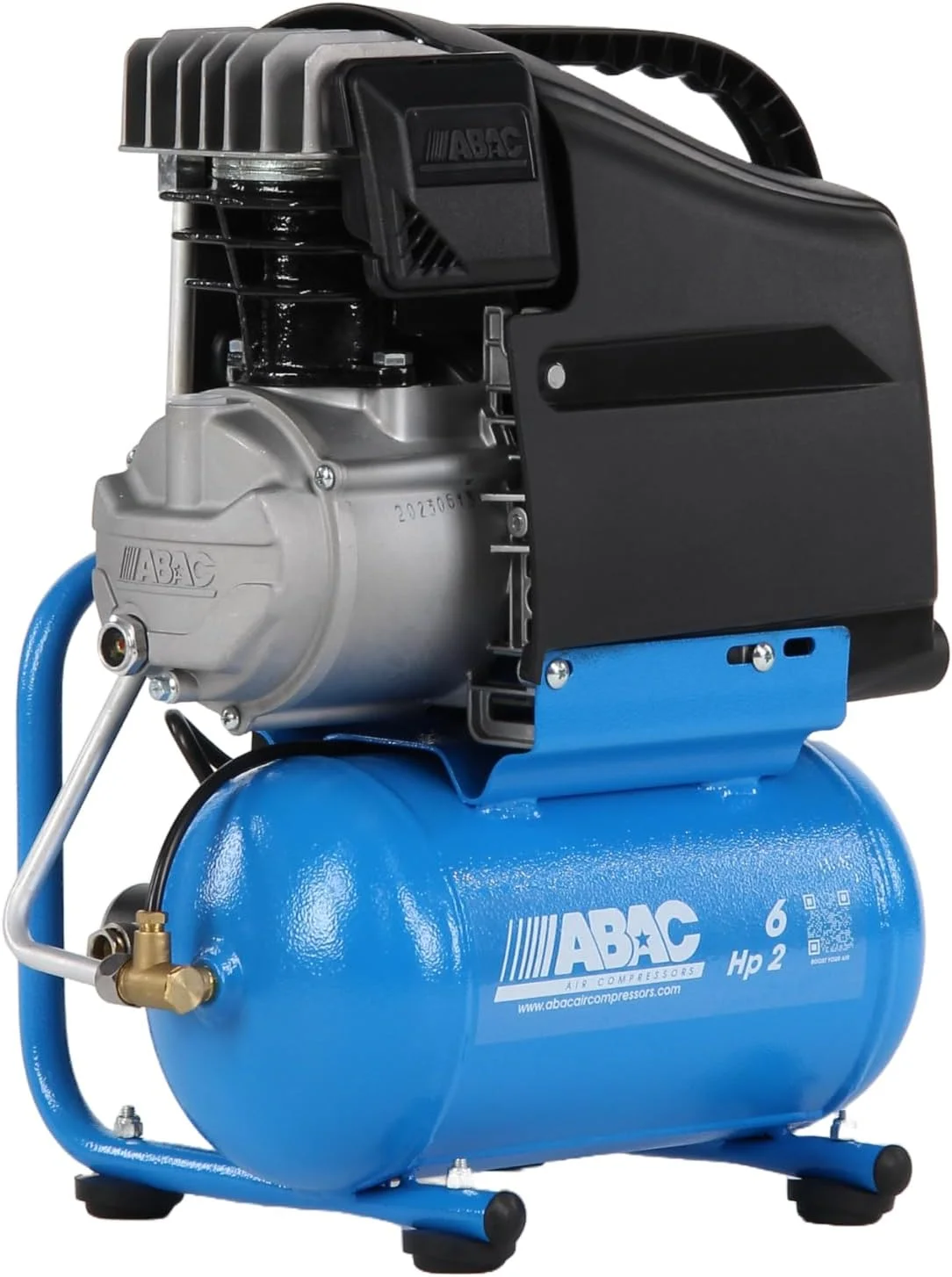 کمپرسور ABAC مدل LT 6 HP2 CL1 START L20 - 2 اسب بخار، مخزن 6 لیتری، با سوخت گازی، آبی، کمپرسور هوا با دسته حمل و تنظیم کننده فشار