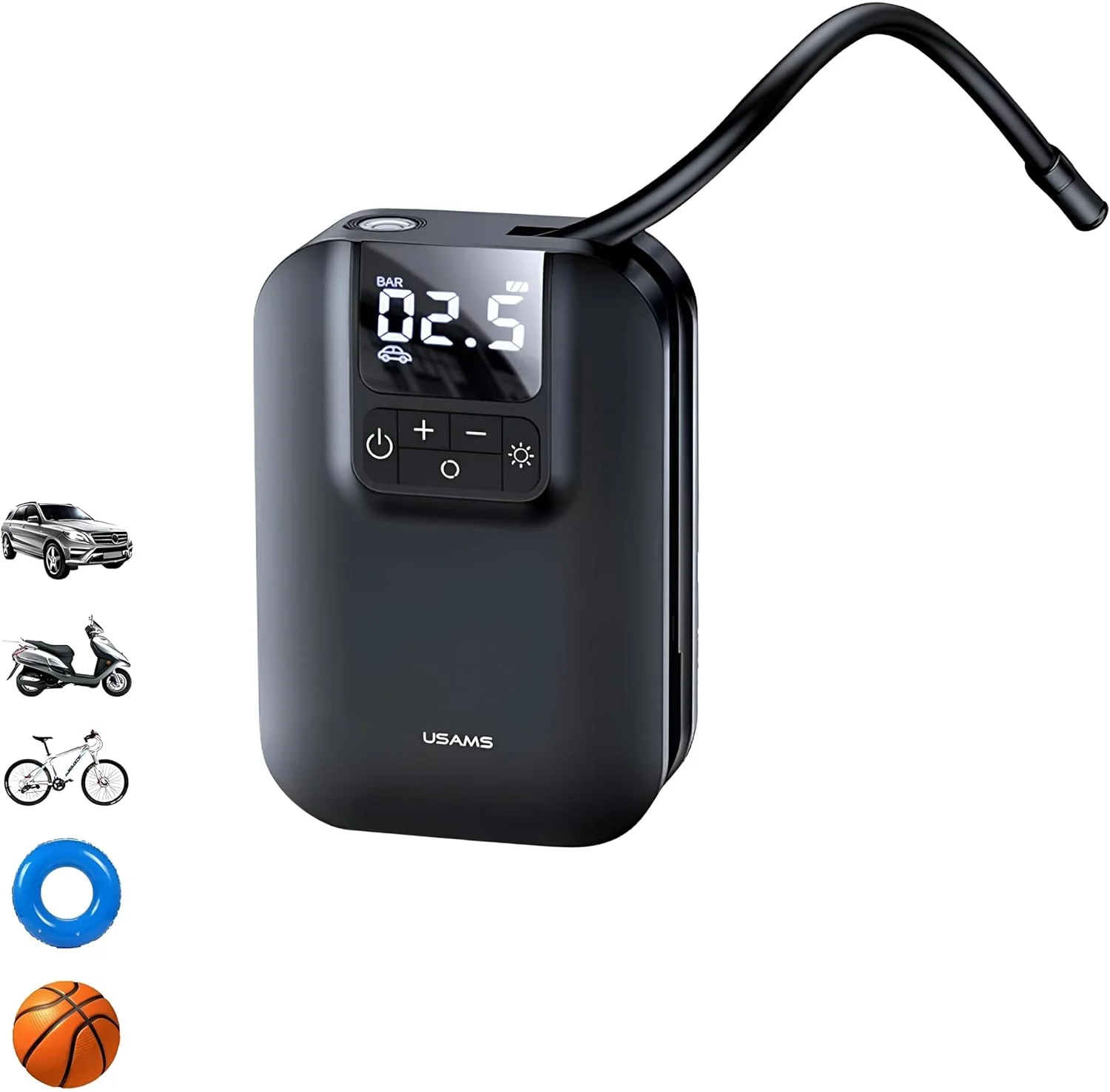 پمپ باد لاستیک بی سیم USAMS، کمپرسور هوا قابل حمل و شارژی، باد کردن سریع و خاموش شدن خودکار، دارای چراغ LED و قرائت دقیق فشار با گیج دیجیتال برای اتومبیل، موتورسیکلت، توپ و انواع دوچرخه