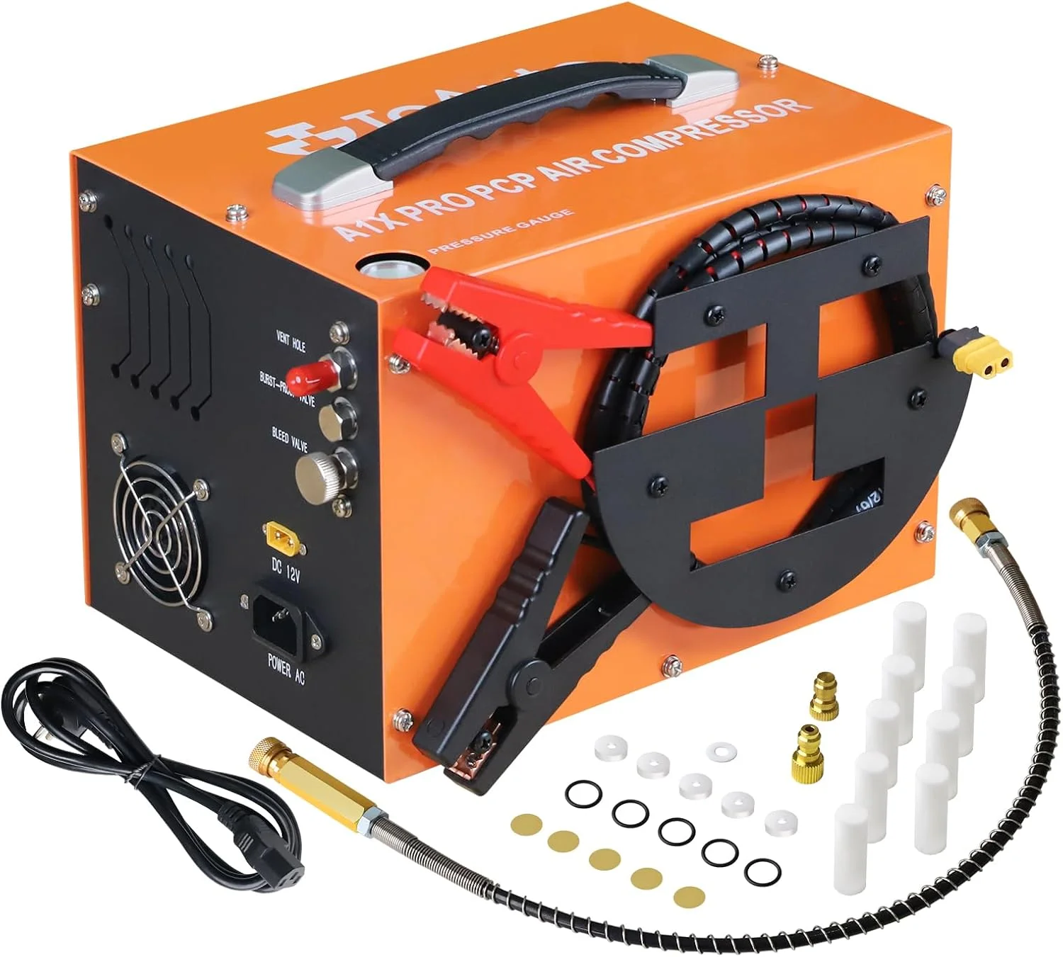 کمپرسور هوای PCP مدل TOAUTO A1X-PRO، فشار 4500Psi 30Mpa، طراحی قابل حمل با قرقره سیم، مبدل داخلی، بدون آب/روغن، شروع با یک دکمه، دیسک ترکیدگی، با برق 110 ولت AC یا باتری 12 ولت خودرو (نسخه توقف دستی)