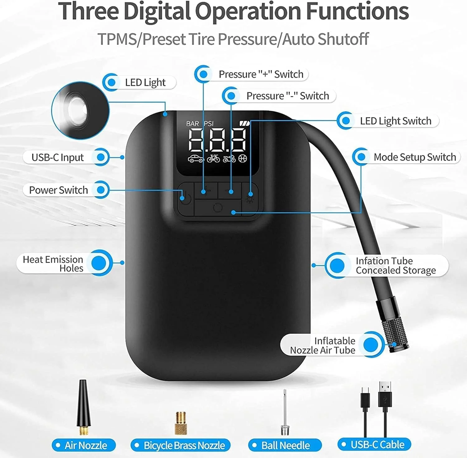 پمپ باد لاستیک بی سیم USAMS، کمپرسور هوا قابل حمل و شارژی، باد کردن سریع و خاموش شدن خودکار، دارای چراغ LED و قرائت دقیق فشار با گیج دیجیتال برای اتومبیل، موتورسیکلت، توپ و انواع دوچرخه