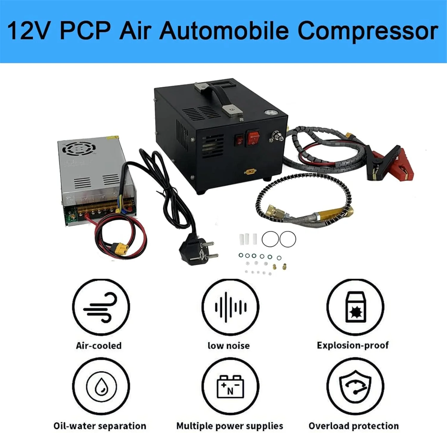 پمپ فشار قوی با خاموشی خودکار 110V/220V/12V کمپرسور هوای قابل حمل PCP، 4500Psi 300Bar 12V PCP با ترانسفورماتور داخلی