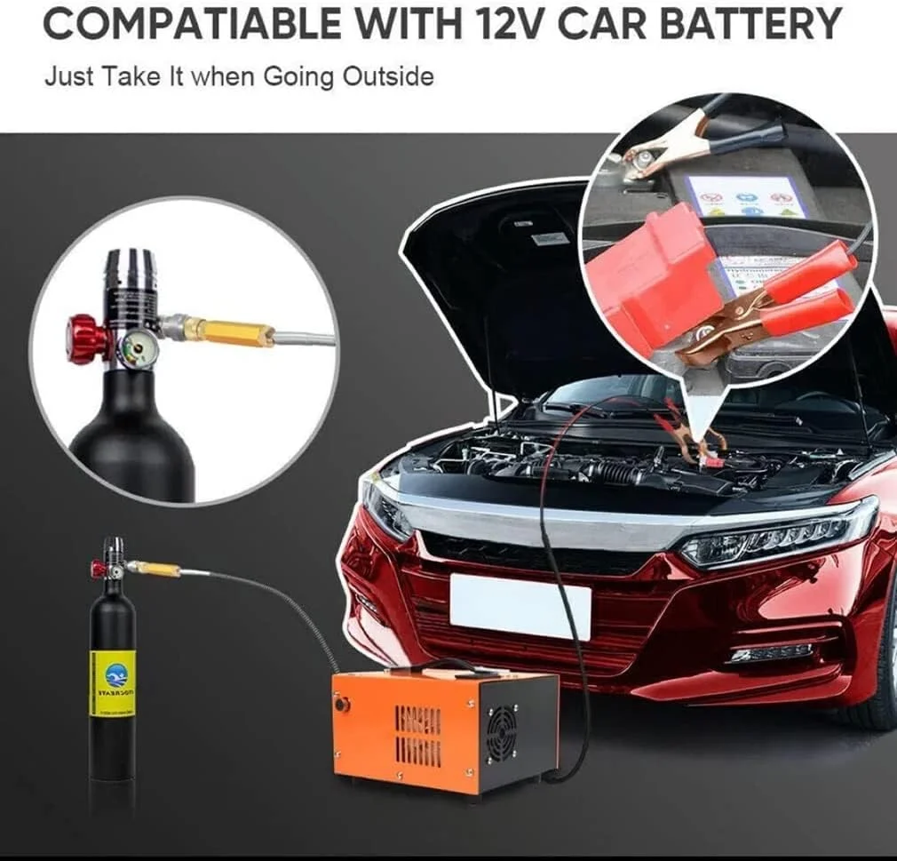 کمپرسور هوای PCP با فیلتر جداکننده آب و روغن داخلی، کمپرسور قابل حمل 1.5 لیتری برای تفنگ بادی پنوماتیک، تغذیه شده توسط خودرو 12 ولت یا برق خانگی 110 ولت AC، پمپ فشار قوی با ترانسفورماتور