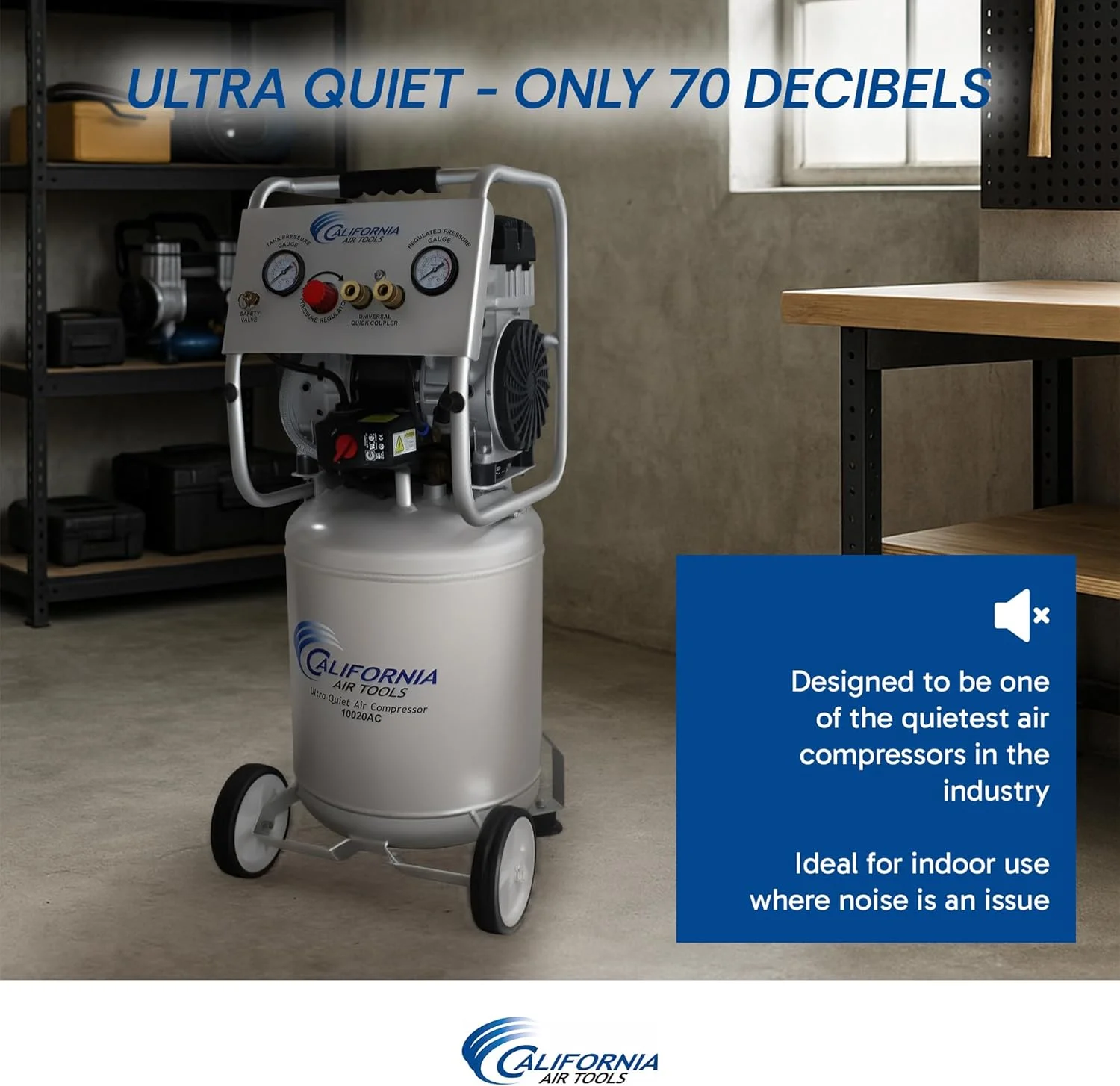کمپرسور هوا کالیفرنیا ایر تولز مدل 10020AC فوق العاده بی صدا و بدون روغن، 2.0 اسب بخار، مخزن آلومینیومی 10.0 گالن
